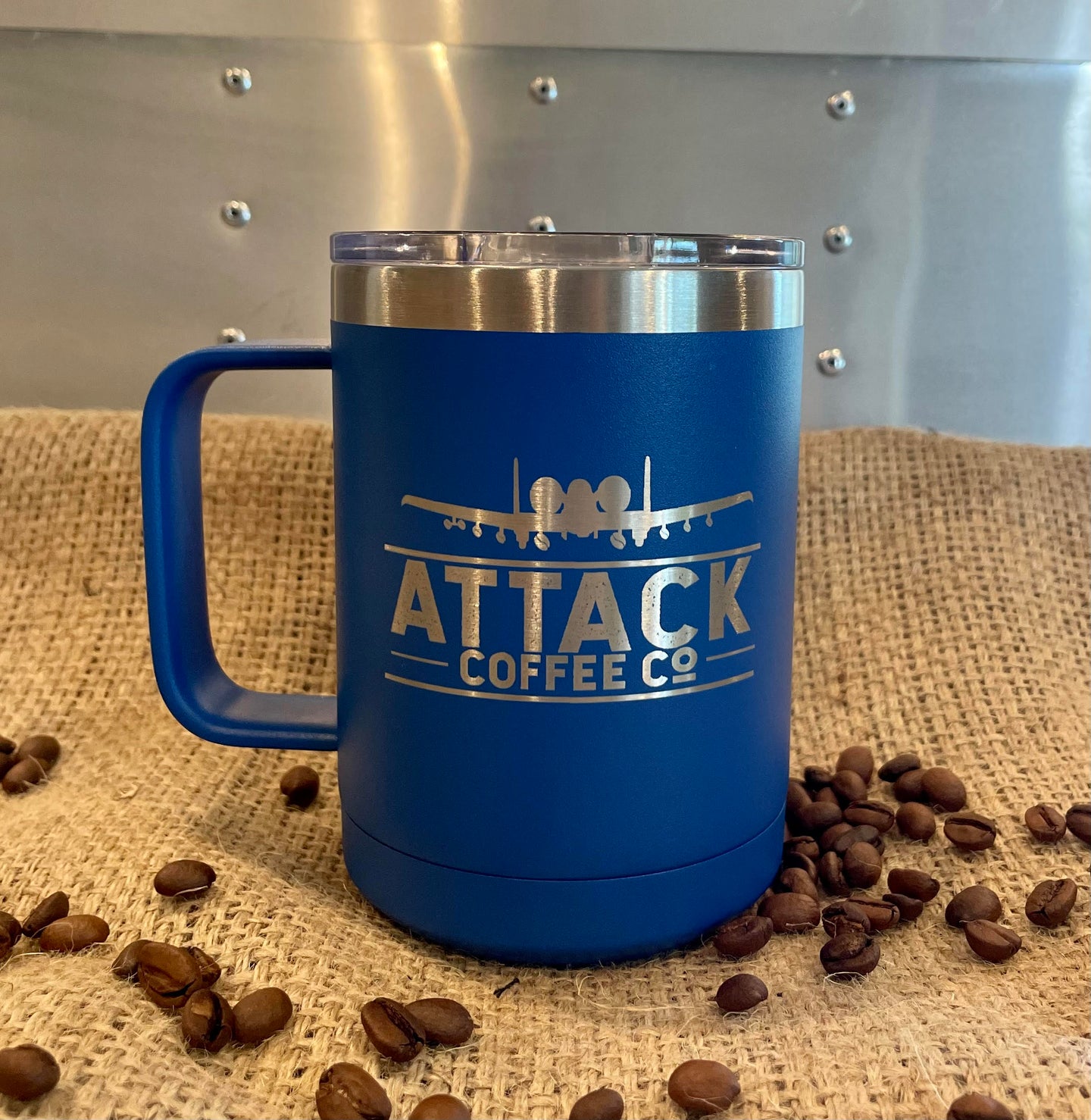 Attack Coffee 15oz Polar Camel Coffee Mug with slide lid (Royal Blue)
